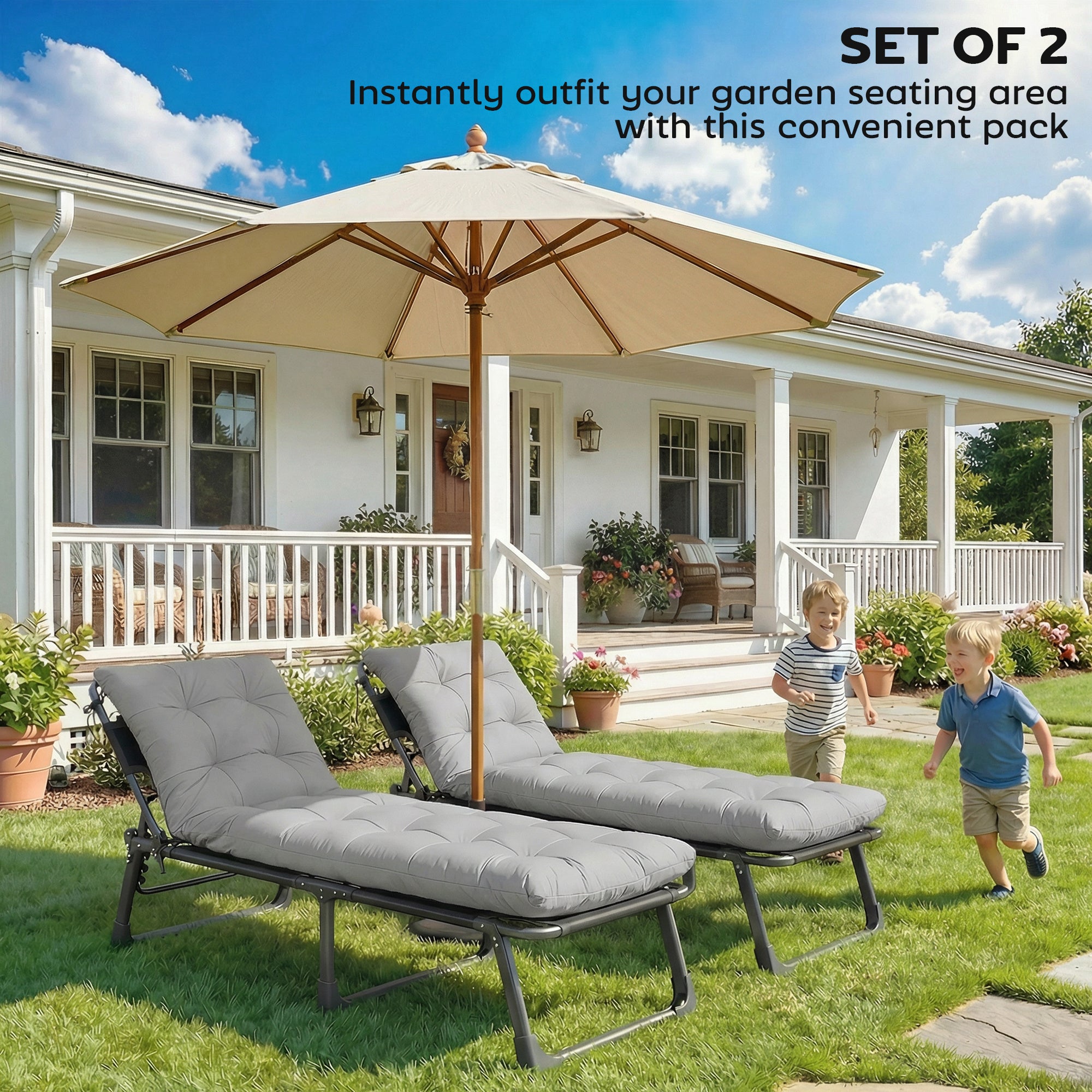 Outsunny Sun Lounger Cushions Only, Garden Lounge Chair Cushions Set of 2, Sunbed Replacement Pads with 4 Ties, Light Grey 