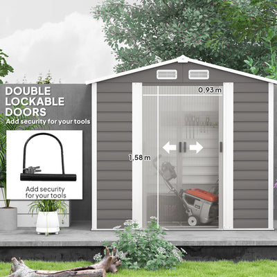 Outsunny 7 x 4ft Garden Shed, Easy to Assemble, Upgraded Galvanised Steel Frame with Foundation Kit, Double Doors with Lock, Outdoor Metal Shed with Vents and Gloves, Garden Storage Shed, Light Grey 