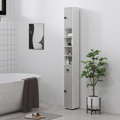 kleankin 180cm Slim Bathroom Cabinet, with Drawer, Shelves and Cupboards - Light Grey 