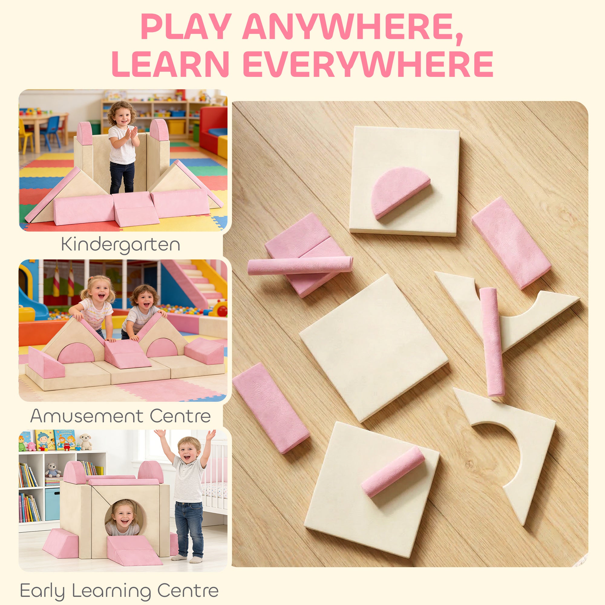 AIYAPLAY Kids Play Sofa, 12 Pieces Foam Modular Soft Play Set for Playroom, Children Convertible Sofa for Boys and Girls, Pink 
