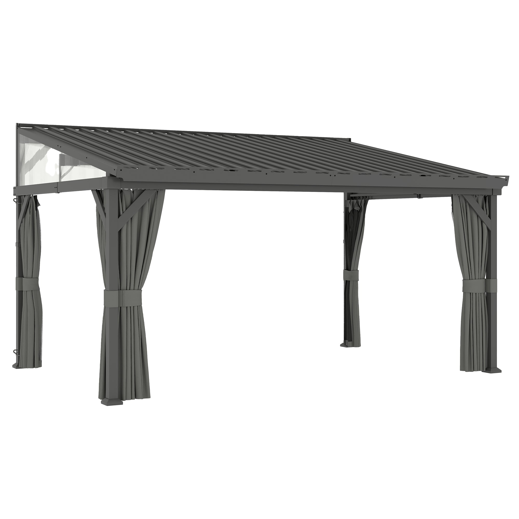 Outsunny 4.3 x 3 m Garden Pergola with Galvanised Steel Roof, Lean to Pergola Gazebo with Netting Curtains, Dark Grey 