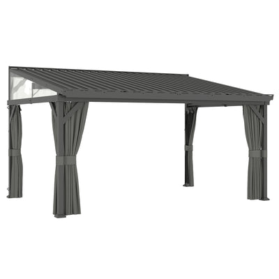 Outsunny 4.3 x 3 m Garden Pergola with Galvanised Steel Roof, Lean to Pergola Gazebo with Netting Curtains, Dark Grey 