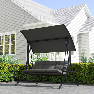 Outsunny 3 Seater Garden Swing Chair with Adjustable Canopy, Cushion and Coffee Tables for Outdoor Dark Grey 