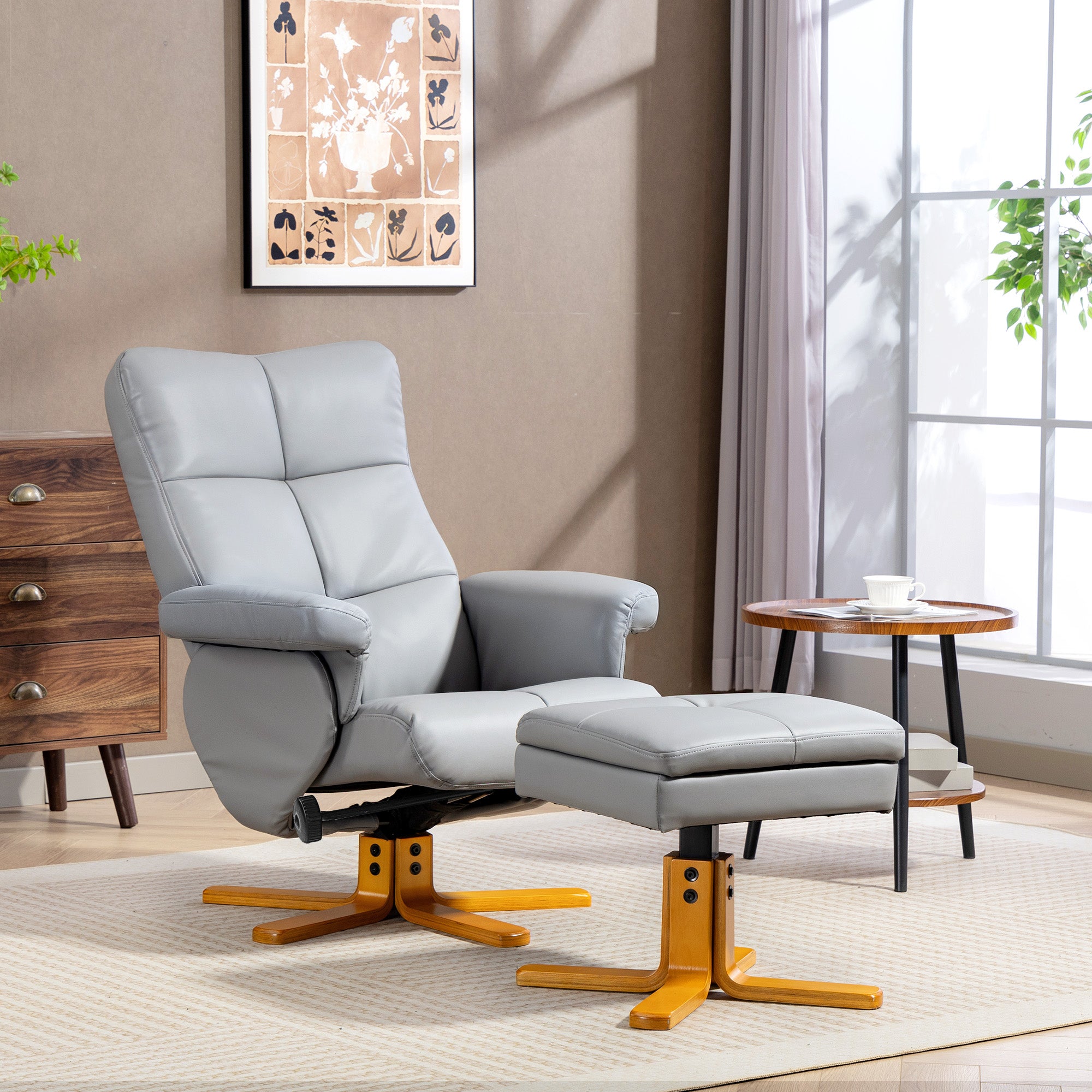 HOMCOM PU Leather Swivel Recliner Chair with Footstool, Wooden Base and Storage for Living Room, Light Grey 