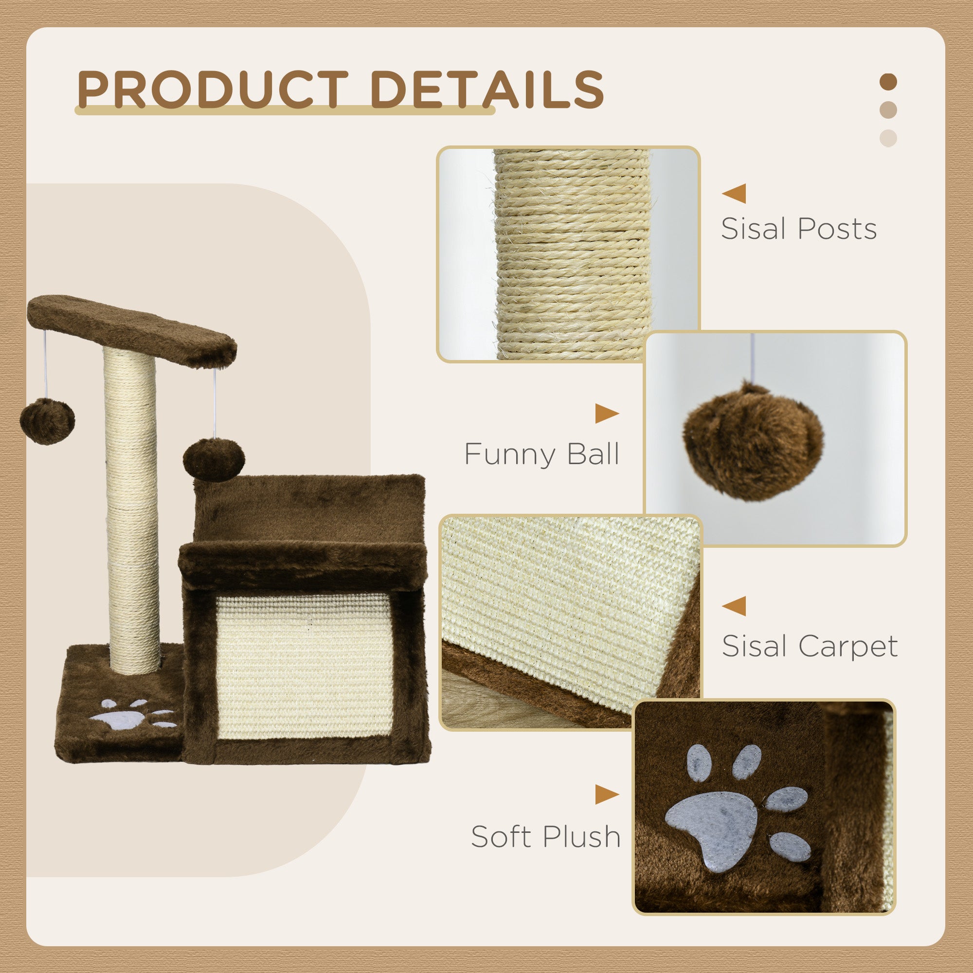 PawHut Cat Tree, Cat Tower for Kittens, Small Cat Condo with Rotatable Top Bar, Sisal Scratching Post, Tunnel, Dangling Balls - Brown 