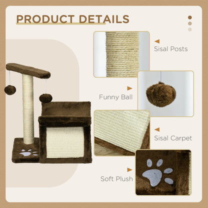 PawHut Cat Tree, Cat Tower for Kittens, Small Cat Condo with Rotatable Top Bar, Sisal Scratching Post, Tunnel, Dangling Balls - Brown 