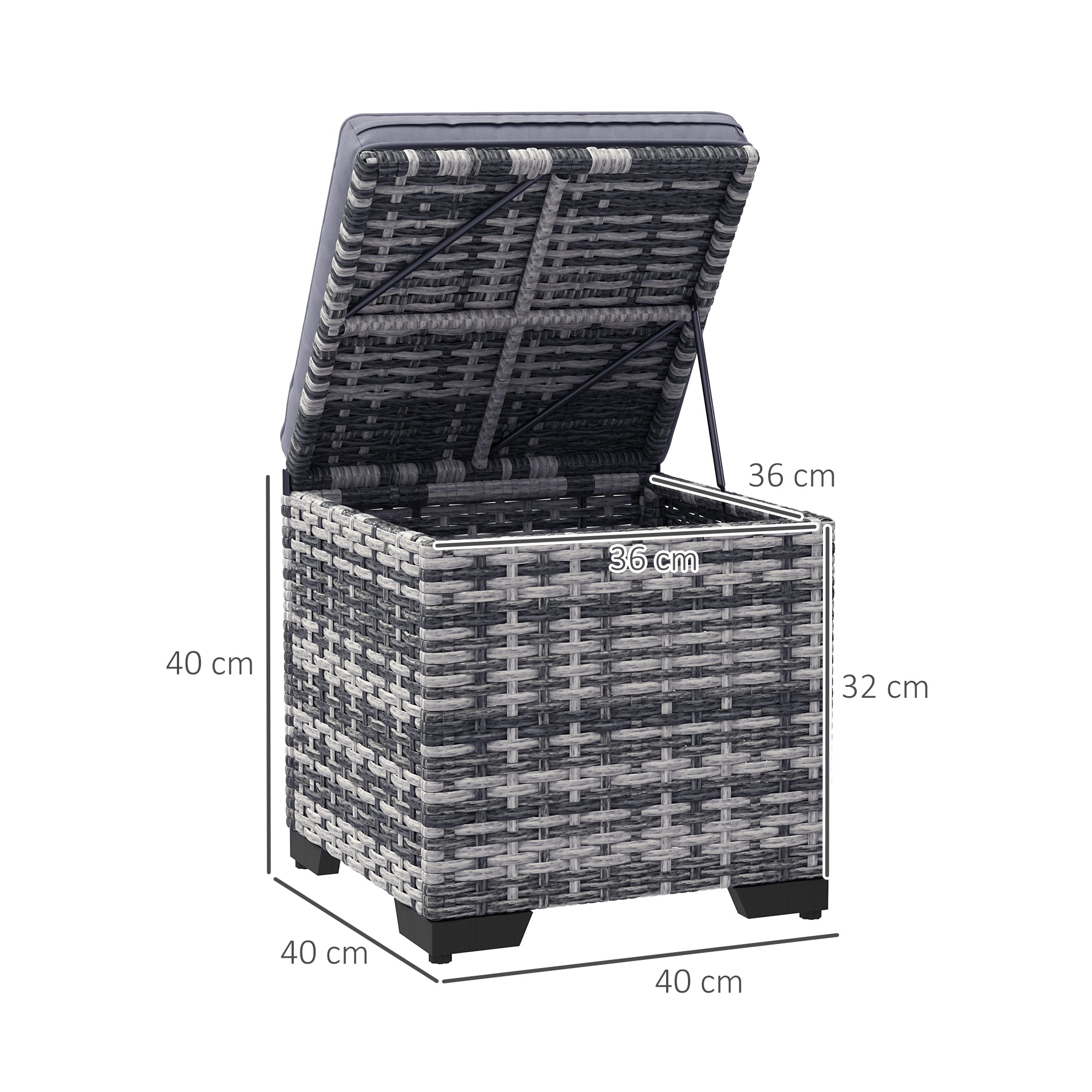 Outsunny Set of 2 Rattan Storage Ottoman, Outdoor Footstool with Removable Cushions, Garden Storage Seat for Balcony, Poolside, Living Room, Dark Grey 