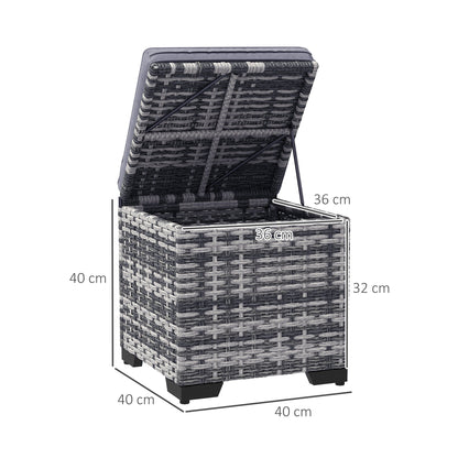 Outsunny Set of 2 Rattan Storage Ottoman, Outdoor Footstool with Removable Cushions, Garden Storage Seat for Balcony, Poolside, Living Room, Dark Grey 