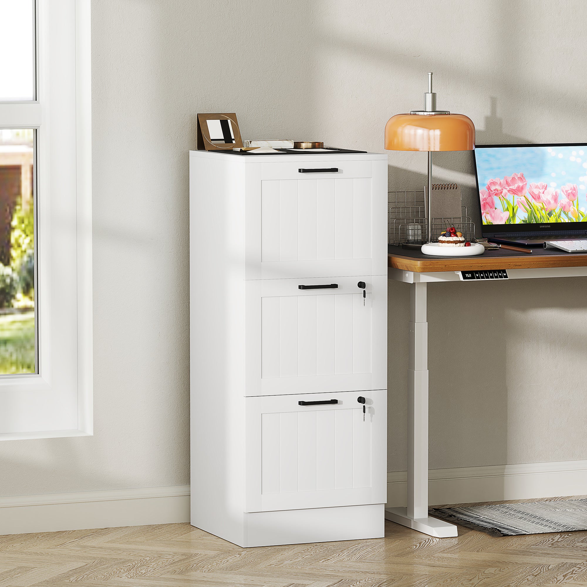 HOMCOM 3 Drawer Filing Cabinet with Lock, Office Storage Cabinet with Adjustable Hanging Bars for A4 Letter Size Files, White 