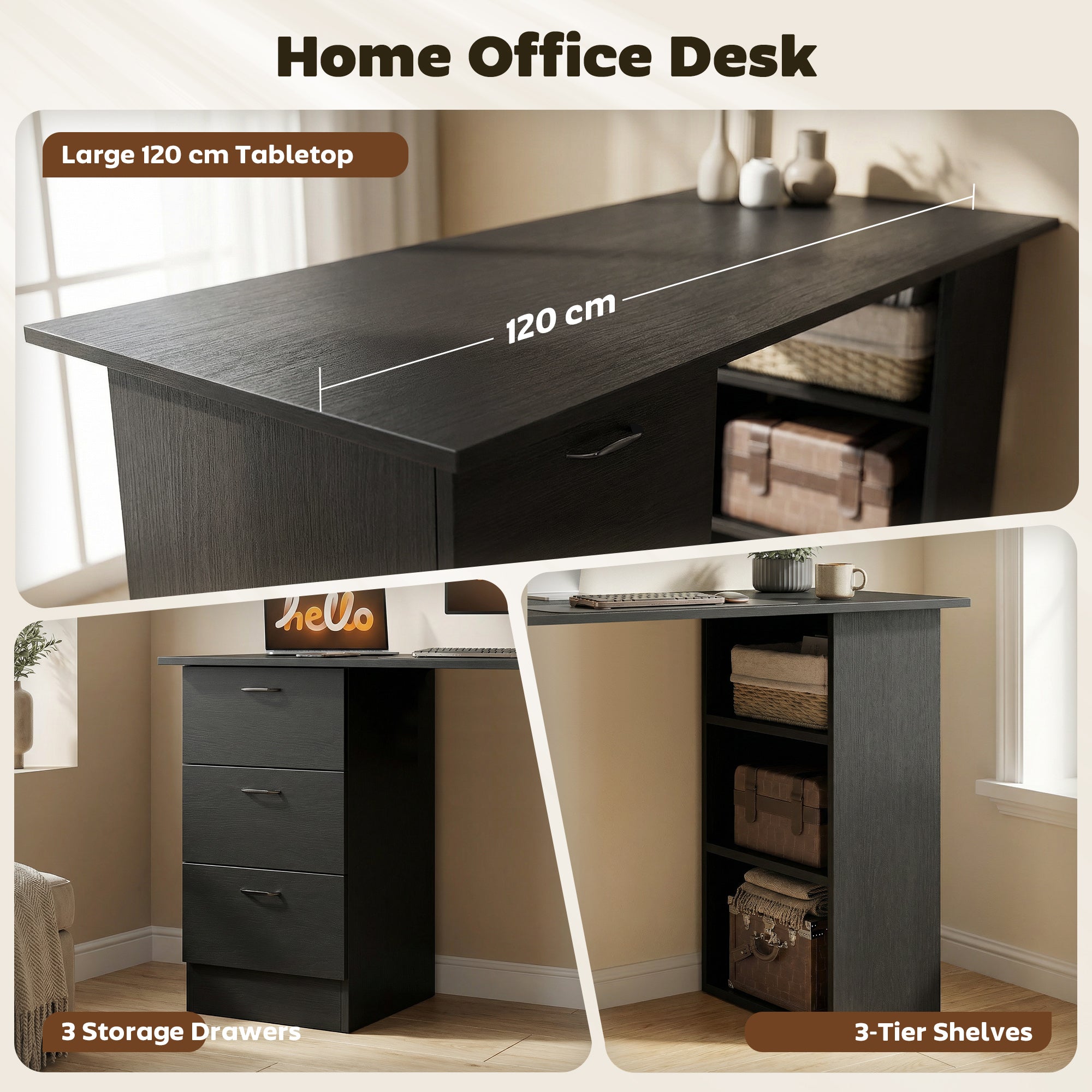 HOMCOM Computer Desk, Writing Table, PC Workstation with 3 Storage Shelves and Drawers, Handle, for Home Office, Black 