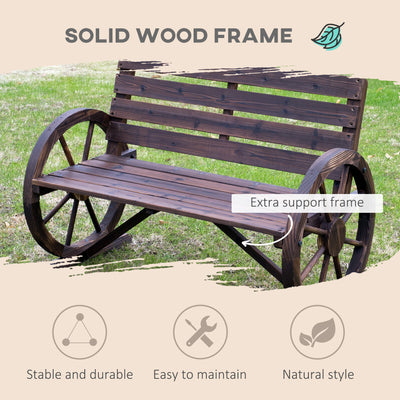 Outsunny 2 Seater Garden Bench with Wooden Cart Wagon Wheel Rustic High Back Brown 
