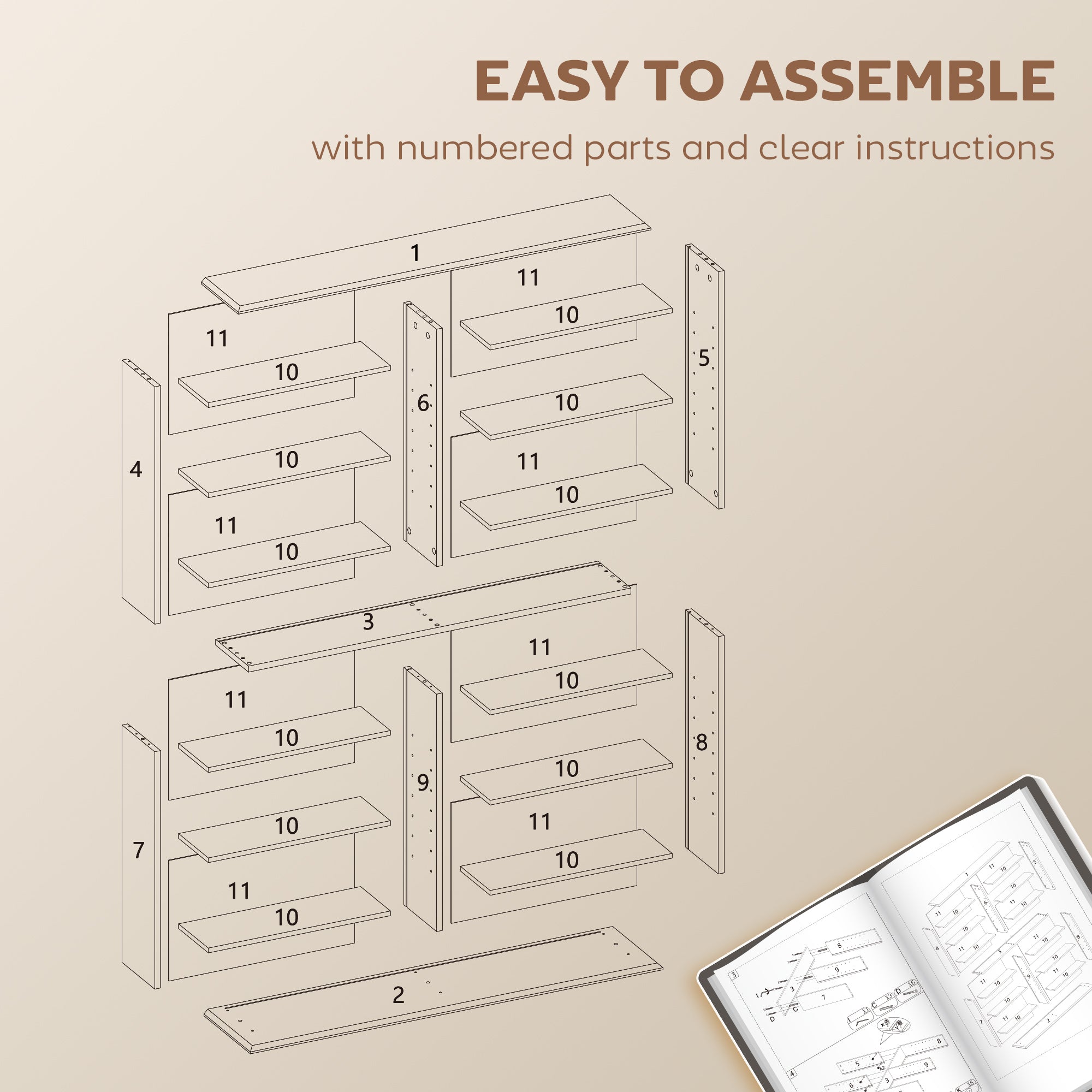 HOMCOM 16-Compartment Media Shelf - Rustic Brown 