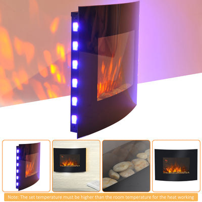 HOMCOM Led Wall Mounted Fireplace Curved Glass Electric Fire Place Fire Place 7 Colour Side Lights Slimline, 900/1800W, 65cm x 52cm 