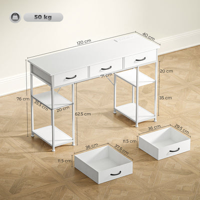 HOMCOM 120cm Computer Desk with Power Outlets, Office Desk Study Table with 3 Fabric Drawers and 4 Storage Shelves, White 