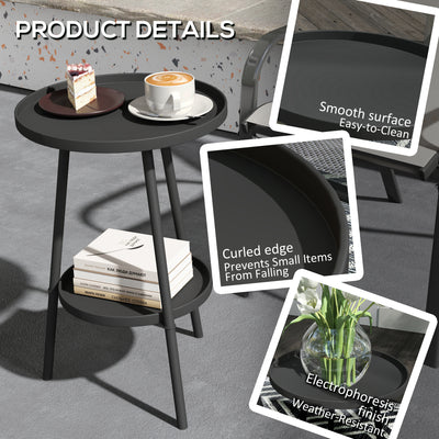 Outsunny Round Garden Table, 2-Tier Small Side Table, Metal Patio Table Coffee Table Dining Table for Porch Deck Balcony, Black 