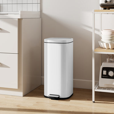 HOMCOM 30L Kitchen Bin, Compact Pedal Bin with Soft-Close and Stay-Open Lid, Removable Bucket for Kitchen, Home, Office, White 