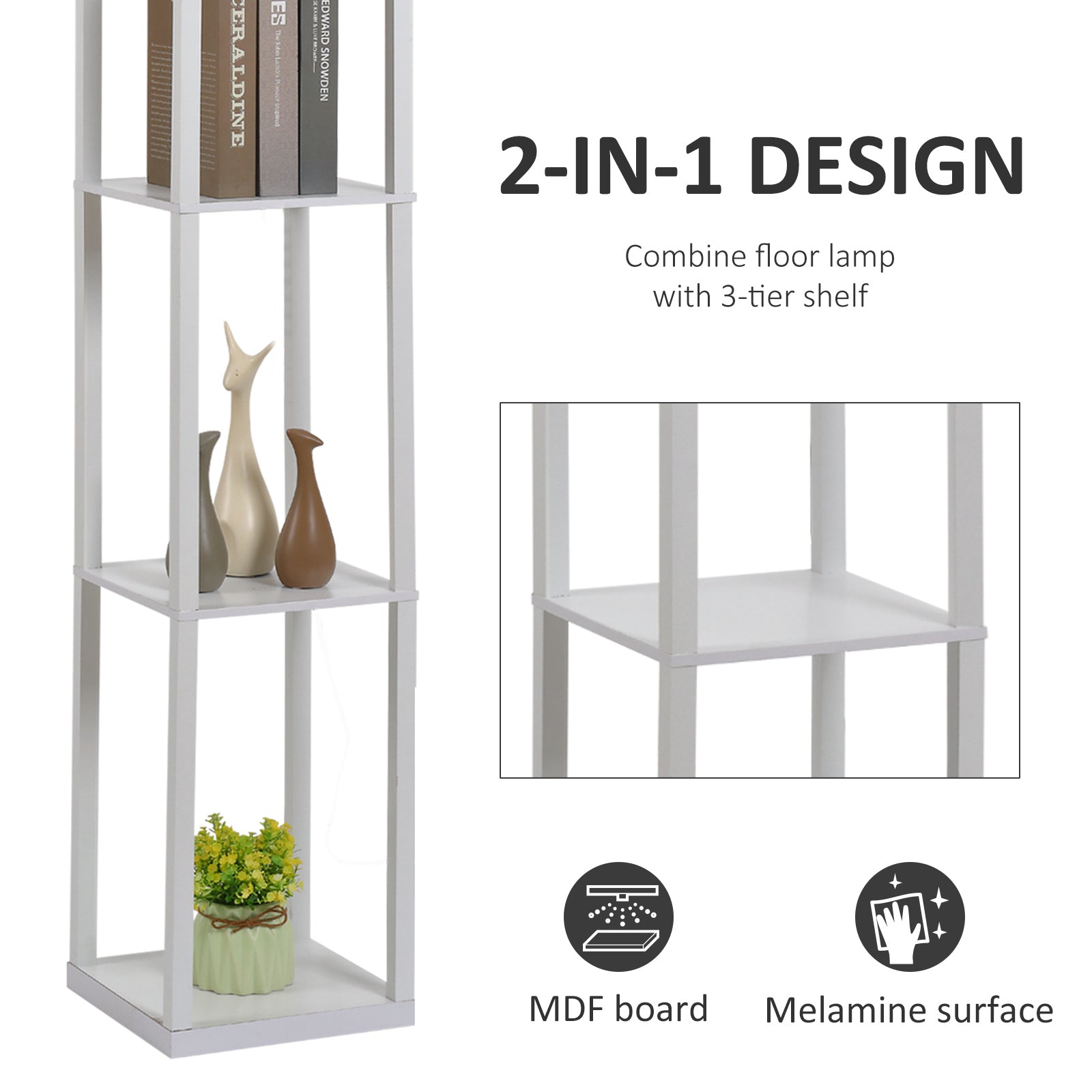 HOMCOM 3-Tier Floor Lamp, Floor Light with Storage Shelf, Reading Standing Lamp with Acrylic Shade for Living Room, Bedroom, Kitchen, Dining Room, Office, Dorm, 160cm, White 