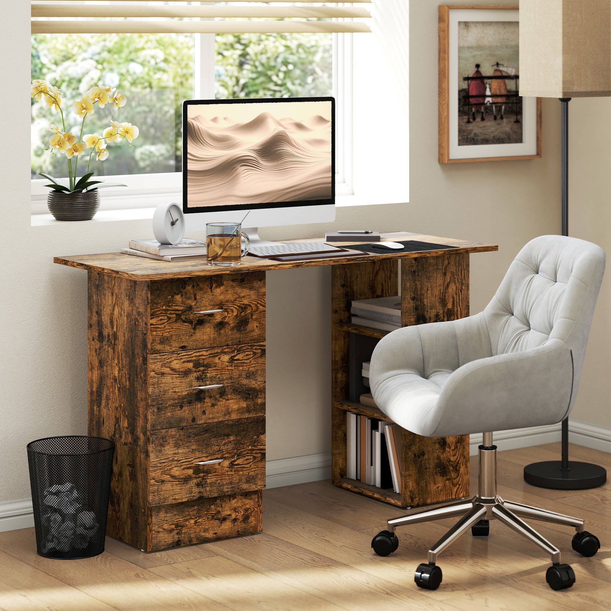 HOMCOM Computer Desk, Writing Table, PC Workstation with 3 Storage Shelves and Drawers, Silver Handle, for Home Office, Rustic Brown