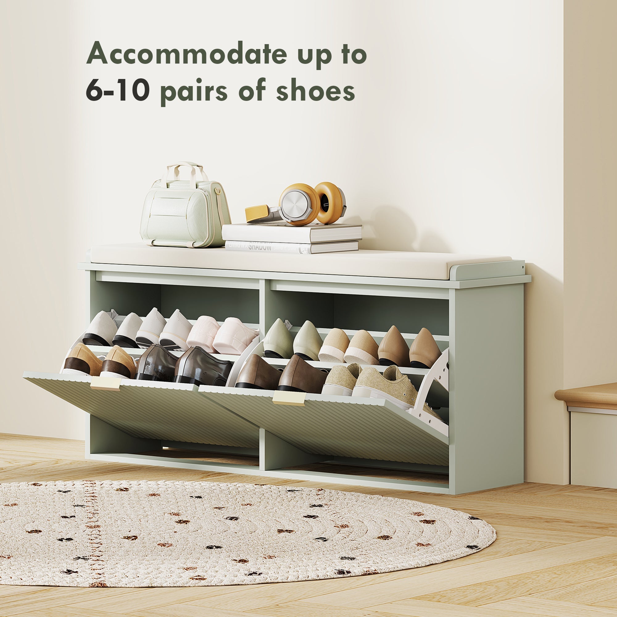 HOMCOM Elegant Ten Shoe Bench, with Top Seat - Green 