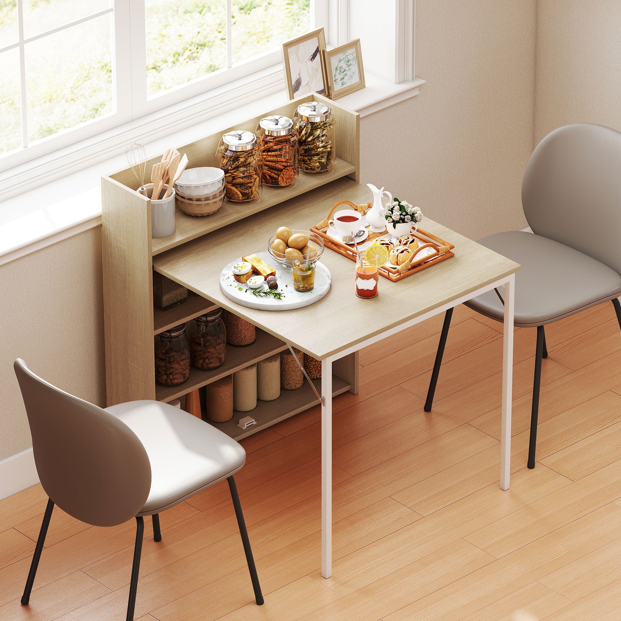 HOMCOM Kitchen Table, Folding Dining Table, with 4-Tier Shelves, Modern Drop-Leaf Table, Oak Wood Effect 