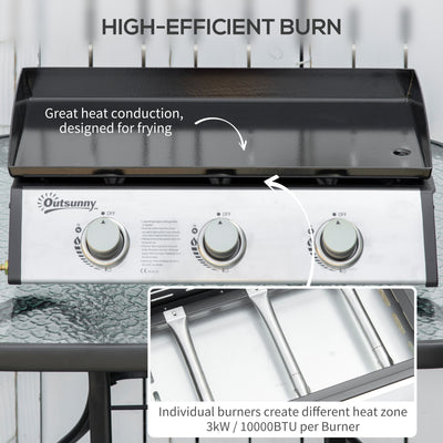 Outsunny Gas Plancha Grill with 3 Stainless Steel Burner, 9kW, Portable Tabletop Gas BBQ with Non-Stick Griddle for Camping Picnic Garden Party Festival 