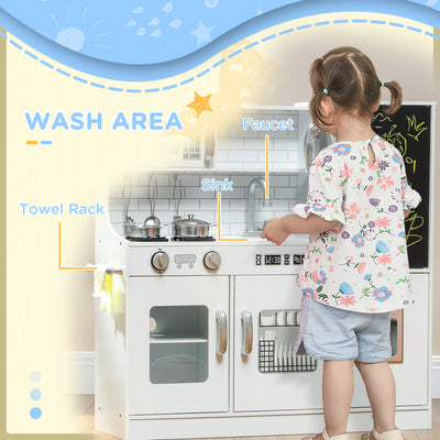 AIYAPLAY Pretend Play Kitchen, Kids Kitchen Playset, with Toy Phone, Chalkboard, Microwave, Cooking Stove, Sink, White 