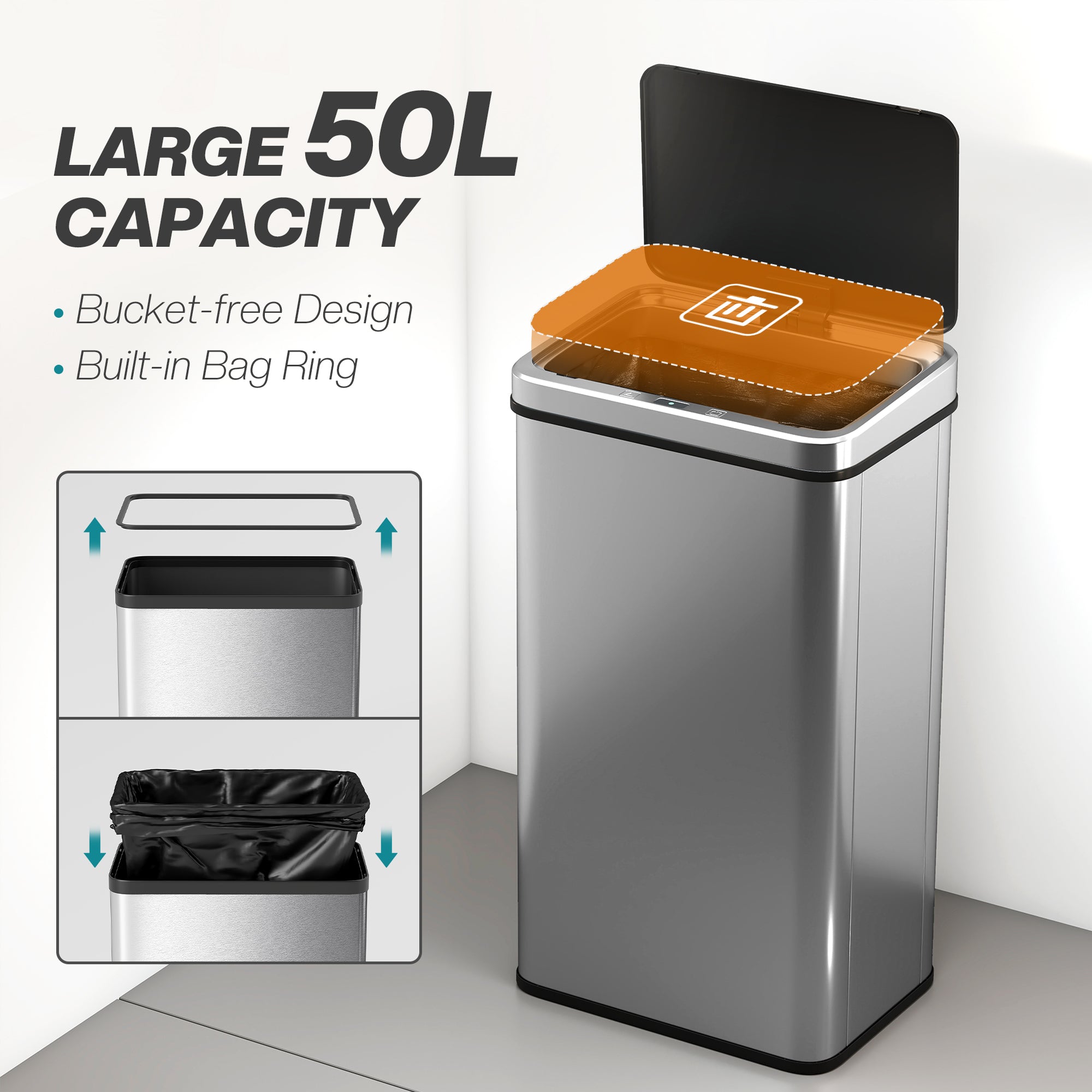 HOMCOM 50L Sensor Bin with Quiet Soft-Close Lid, Automatic Touchless Motion Sensor Kitchen Bin with Fingerprint Resistant Stainless Steel for Hygienic Gyms, Home Office Use, Silver Tone 