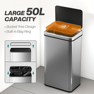 HOMCOM 50L Sensor Bin with Quiet Soft-Close Lid, Automatic Touchless Motion Sensor Kitchen Bin with Fingerprint Resistant Stainless Steel for Hygienic Gyms, Home Office Use, Silver Tone 