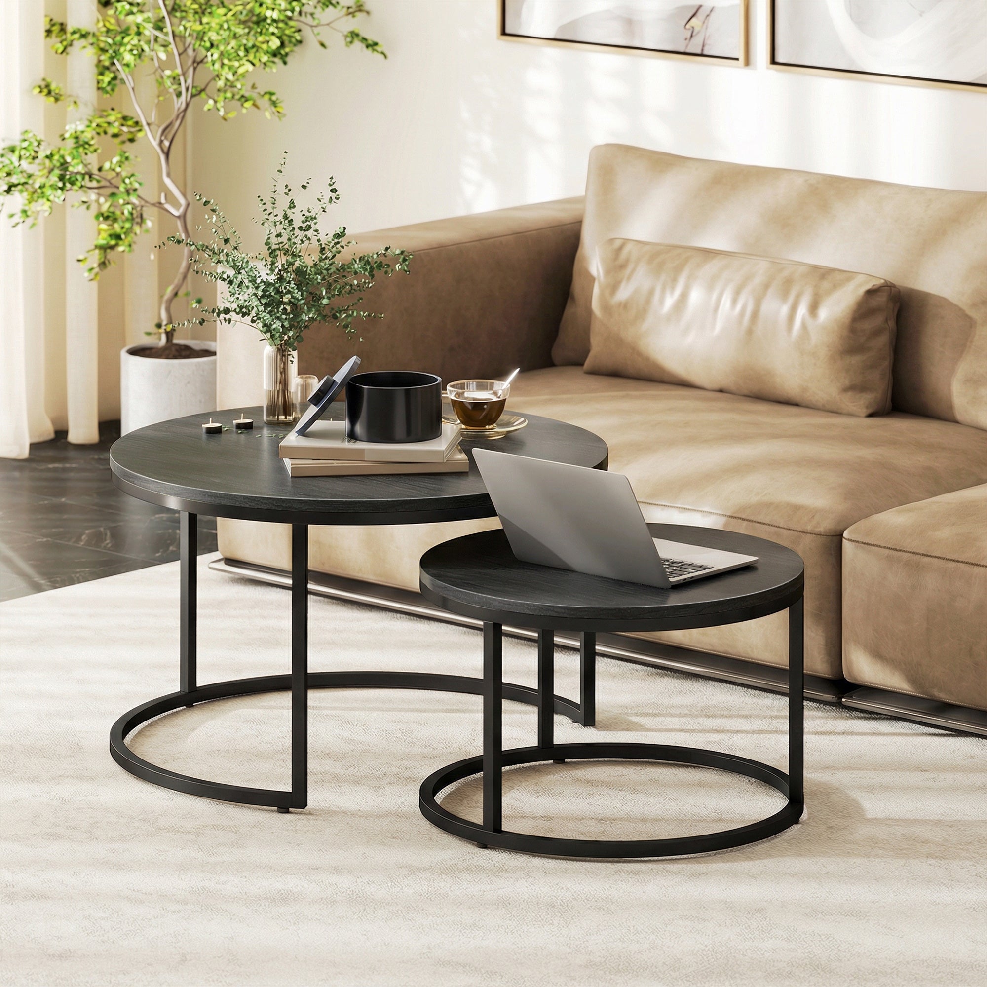 HOMCOM Set of Two Wood-Effect Stacking Tables - Black Wood Grain 