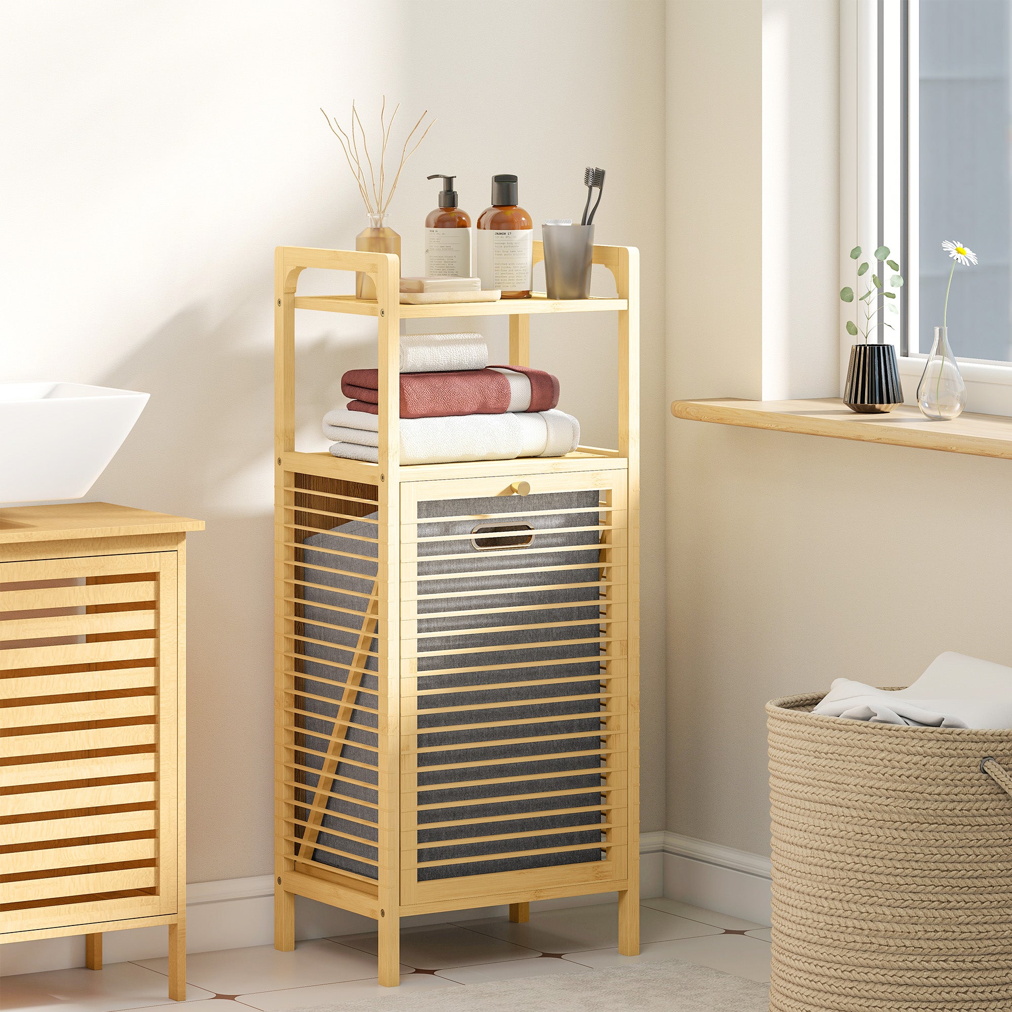 HOMCOM Bamboo Laundry Cabinet with Slatted Door, Bathroom Cabinet with Tilt-Out Hamper and Removable Liner Bag, 40 x 30D x 95 cm, Natural Wood Finish