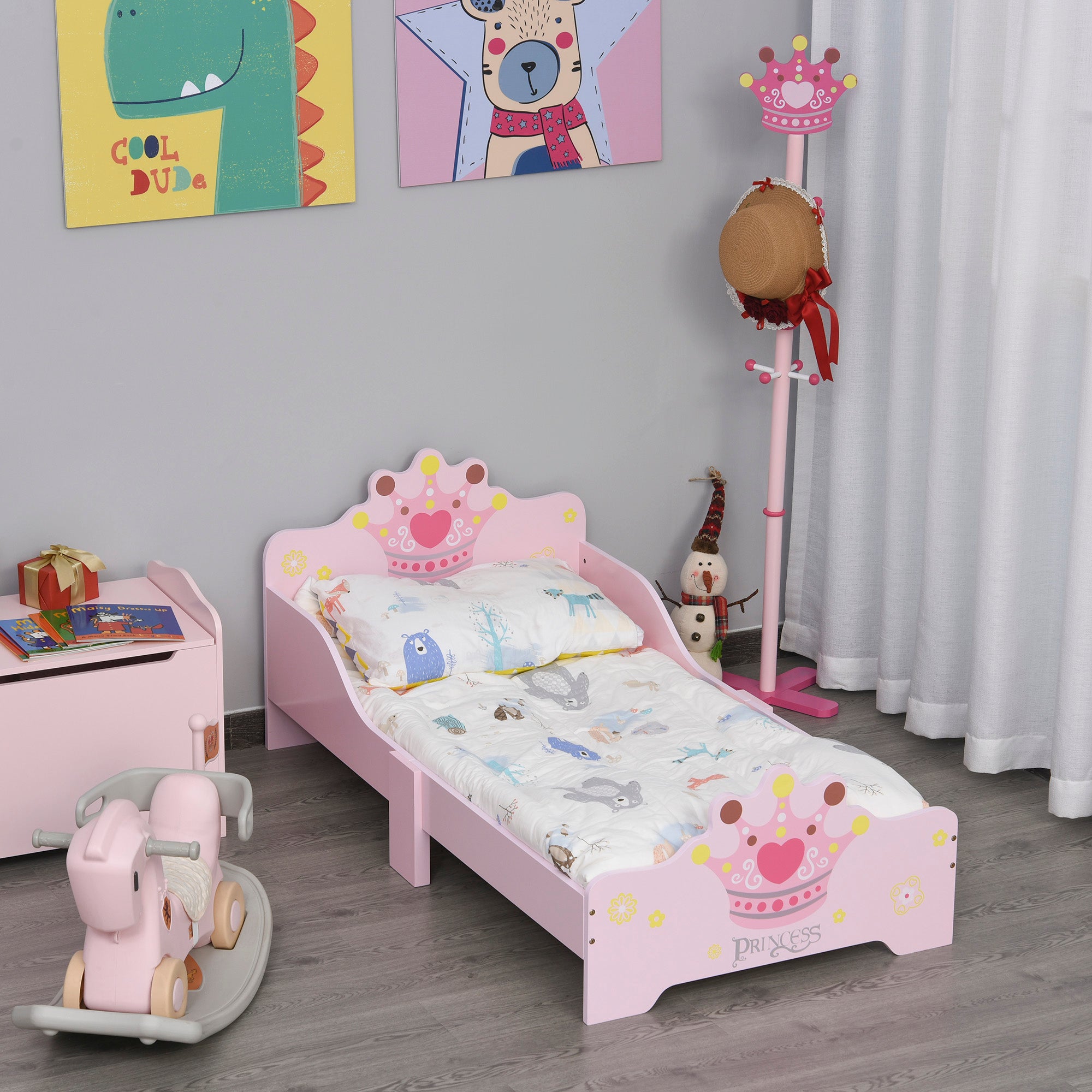 HOMCOM Kids Toddler Bed Princess Crown Theme Safety Side Rails Slats Home Bedroom Furniture Boys Girls 3-6 Yrs Pink 143 x 73 x 60 cm 