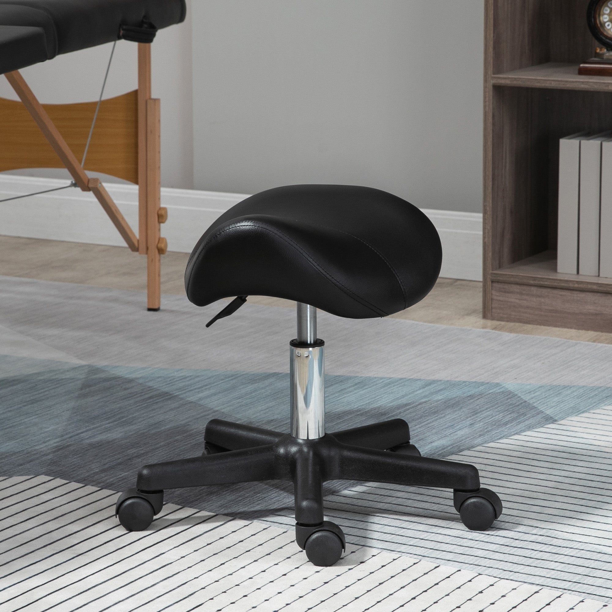 HOMCOM Saddle Stool, PU Leather Adjustable Rolling Salon Chair with Steel Frame for Massage, Spa, Beauty and Tattoo, Black 