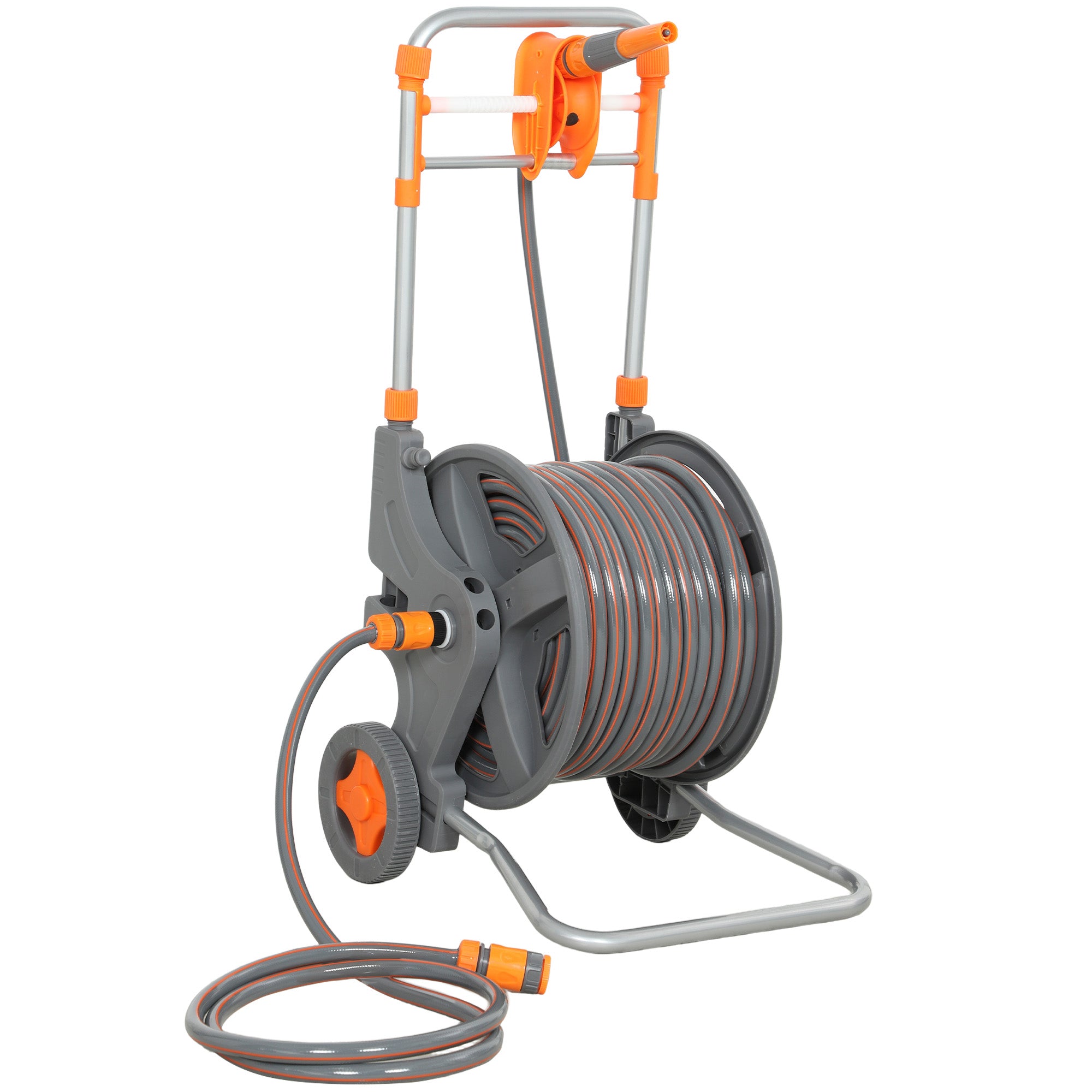 Outsunny Hose Reel Cart with Wheels, 45+2m Garden Hose Reel with 2 Patterns Nozzle, Faucet Adaptors and Rewind Handle, Orange 