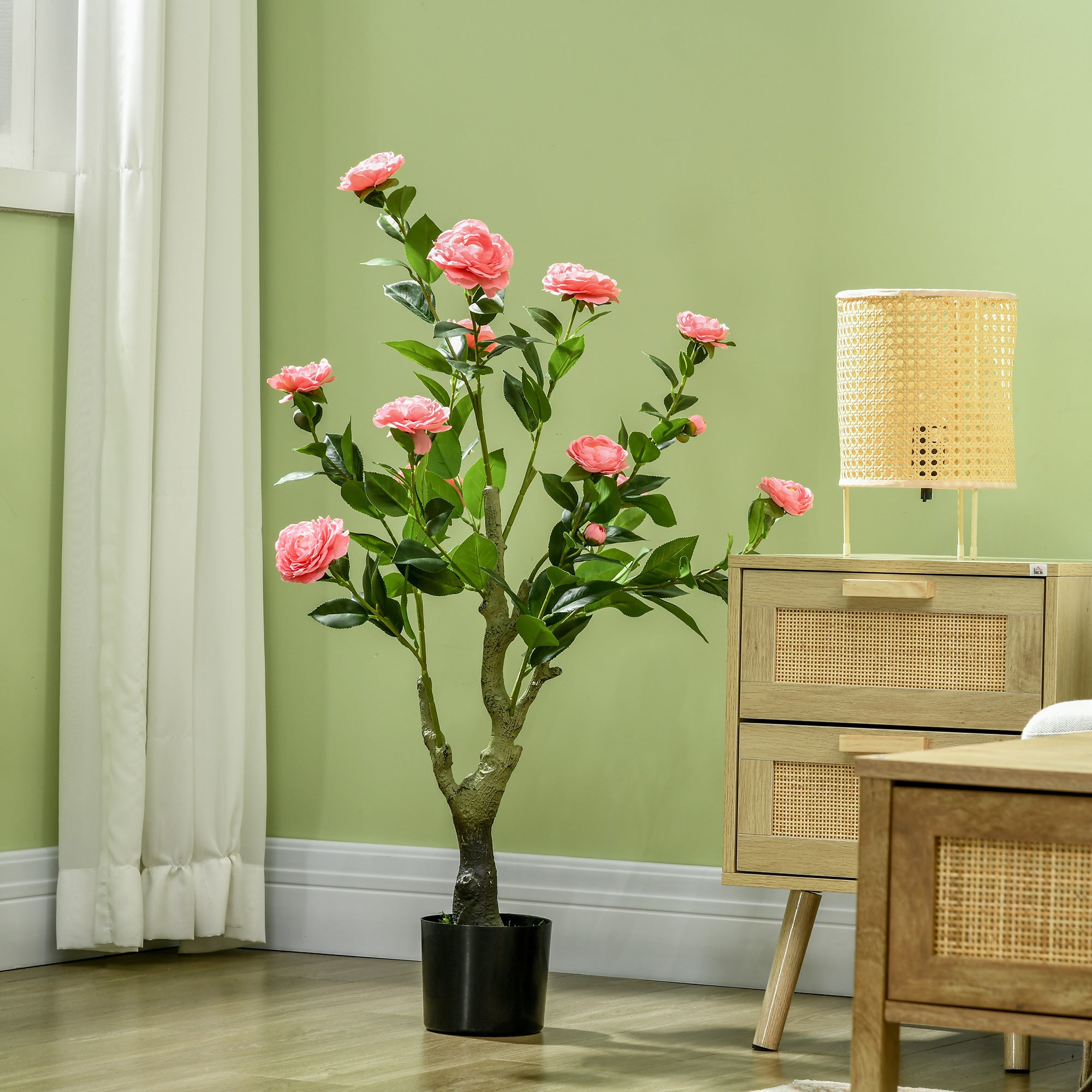 HOMCOM 2 Pieces Decorative Artificial Plants Camellia Flower with Pot, Fake Plant for Home Indoor Outdoor Decor, 95cm, Pink 