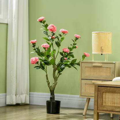 HOMCOM 2 Pieces Decorative Artificial Plants Camellia Flower with Pot, Fake Plant for Home Indoor Outdoor Decor, 95cm, Pink 