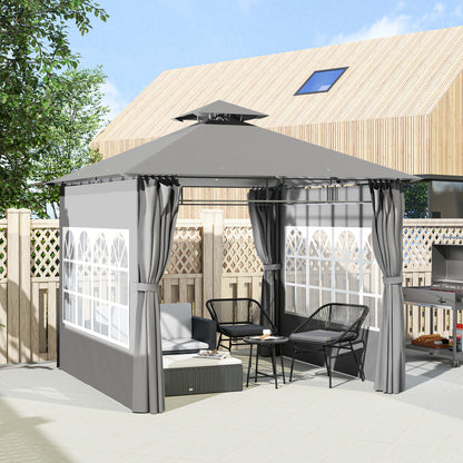 Outsunny 3 x 3 m Garden Gazebo, Double Roof Metal Gazebo with Removable Sidewalls and Church Windows, Outdoor Canopy Shelter, Light Grey 
