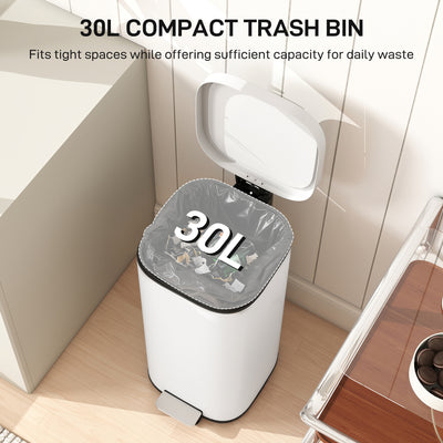 HOMCOM 30L Kitchen Bin, Compact Pedal Bin with Soft-Close and Stay-Open Lid, Removable Bucket for Kitchen, Home, Office, Cream 