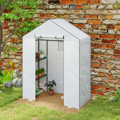 Outsunny 143 x 74cm Walk-In Greenhouse, with Shelves - White 