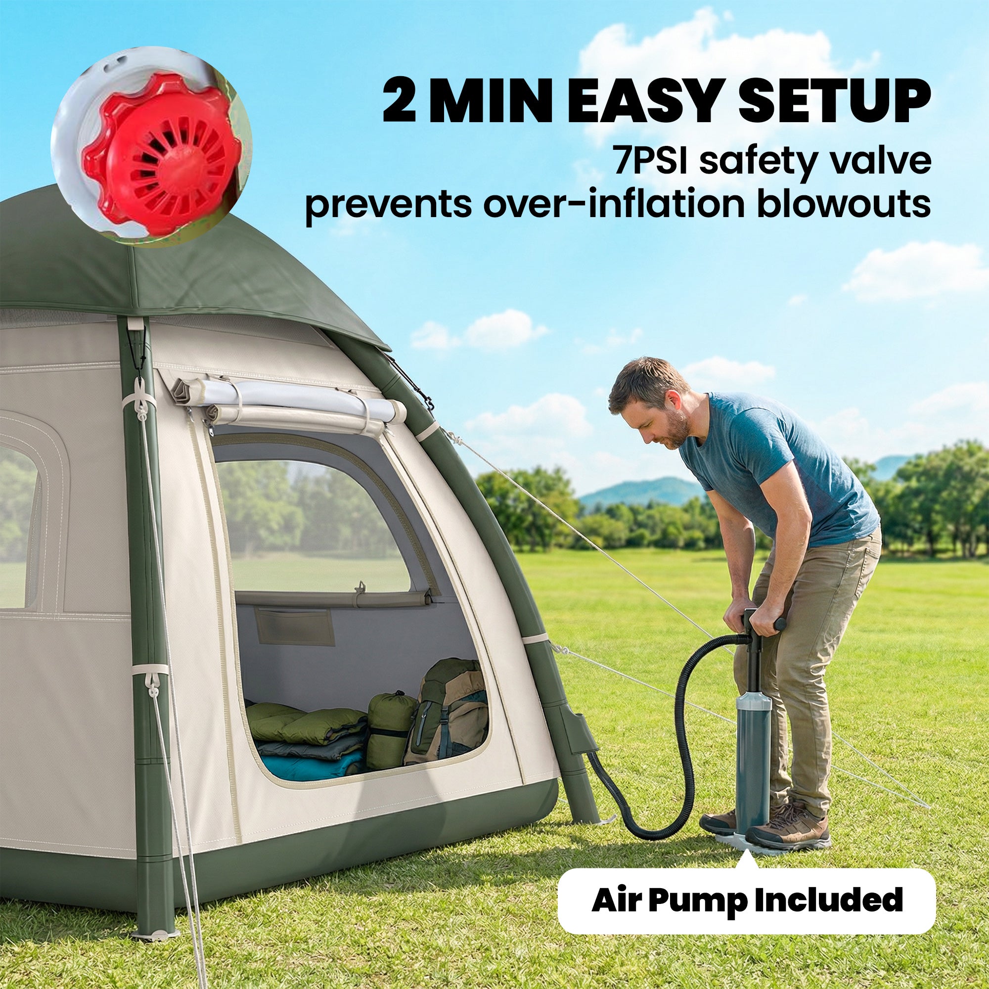 Outsunny Inflatable Camping Tent with Rainfly, 3 Man Air Tent 3000mm Waterproof Blow Up Tents, Beige 