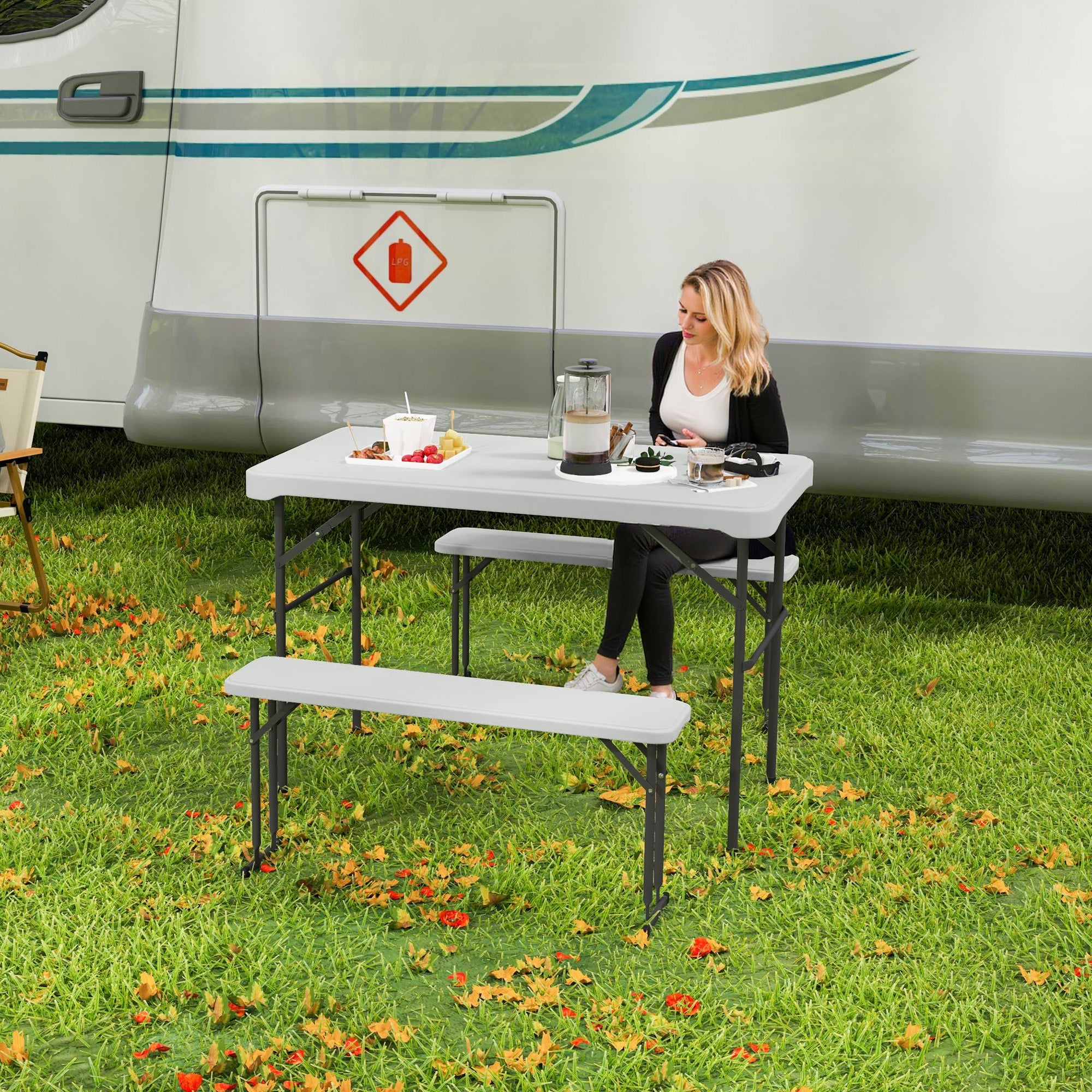 Outsunny 3 Piece 4ft Folding Picnic Table and Bench Set, Portable HDPE Camping Table and Chairs with Carrying Handle for Indoor Outdoor, Dining, Camping, Picnic, BBQ, Party, Light Grey 