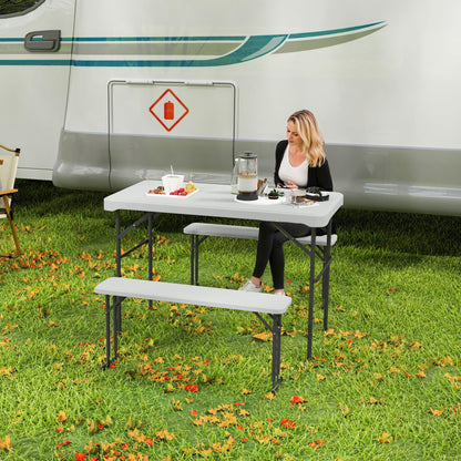 Outsunny 3 Piece 4ft Folding Picnic Table and Bench Set, Portable HDPE Camping Table and Chairs with Carrying Handle for Indoor Outdoor, Dining, Camping, Picnic, BBQ, Party, Light Grey 