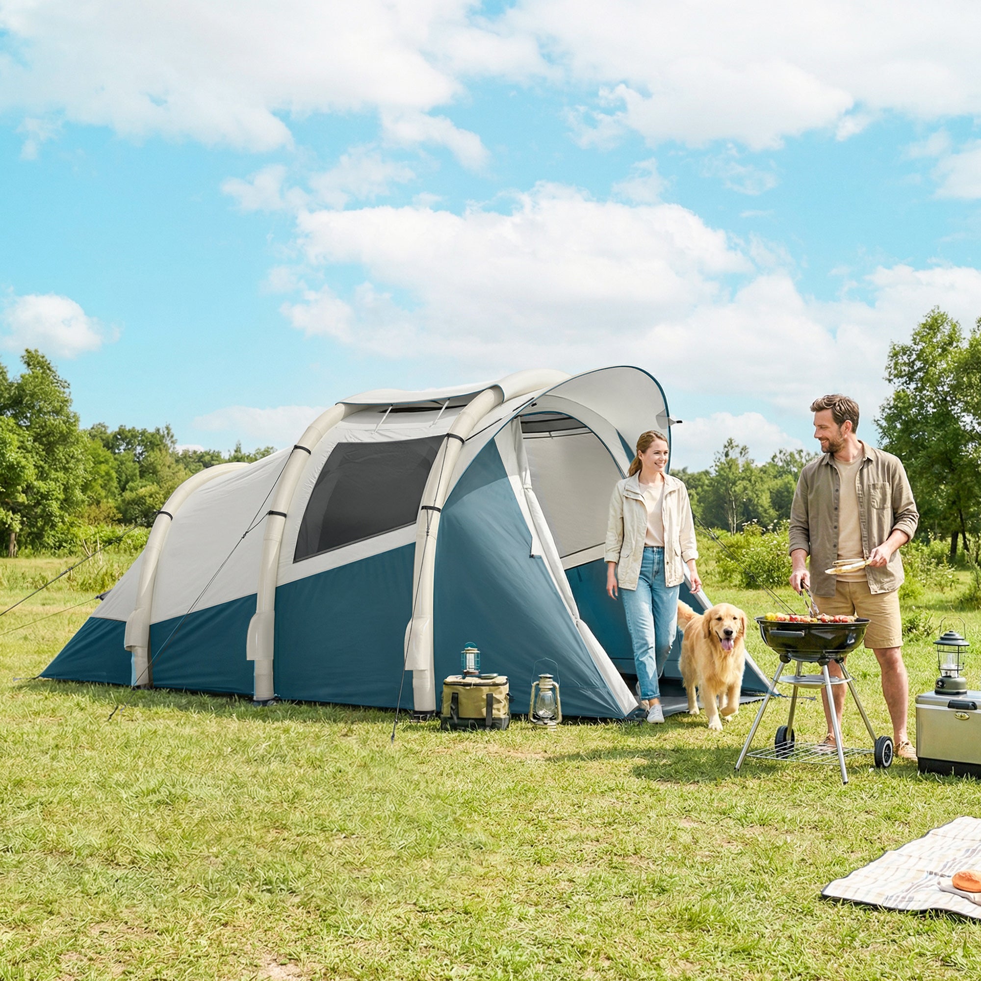 Outsunny Inflatable Camping Tent w/ Air Pump, Easy Setup 2-3 Person Blow Up Tent, Green 