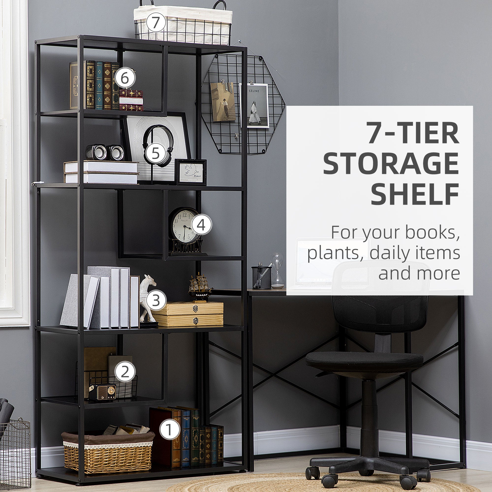 HOMCOM Industrial Accent Display Rack 7 Tier Bookcase, Display Rack for Living Room, Office, Bedroom, Black 