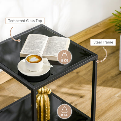 HOMCOM Side Table with Tempered Glass Top, End Table with 2-Tier Storage, Classic Accent Table with Steel Frame, Black 