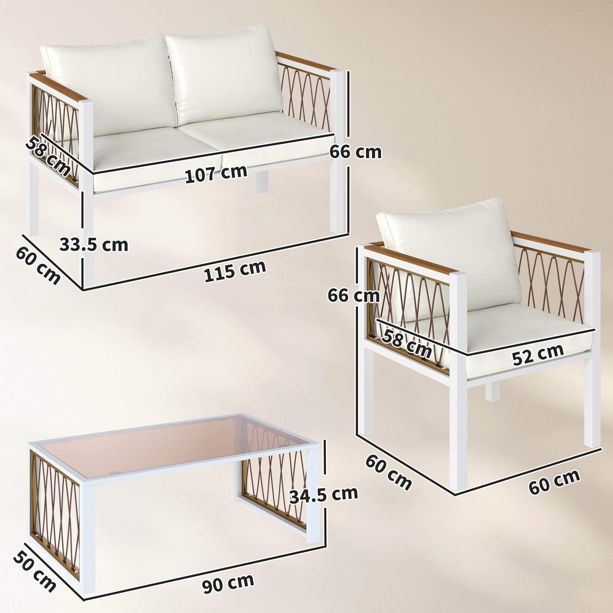 Outsunny 4 Piece Rattan Garden Furniture Set with Loveseat, 2 Armchairs, Table, Metal Frame Patio Conversation Set, Cream White 