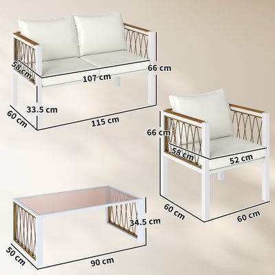 Outsunny 4 Piece Rattan Garden Furniture Set with Loveseat, 2 Armchairs, Table, Metal Frame Patio Conversation Set, Cream White 