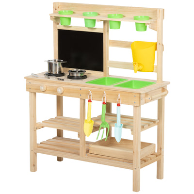 AIYAPLAY Kids Mud Kitchen, Outdoor Wooden Play Kitchen with Kitchenware & Garden Tools, Pretend Play Outdoor Toys, Natural 