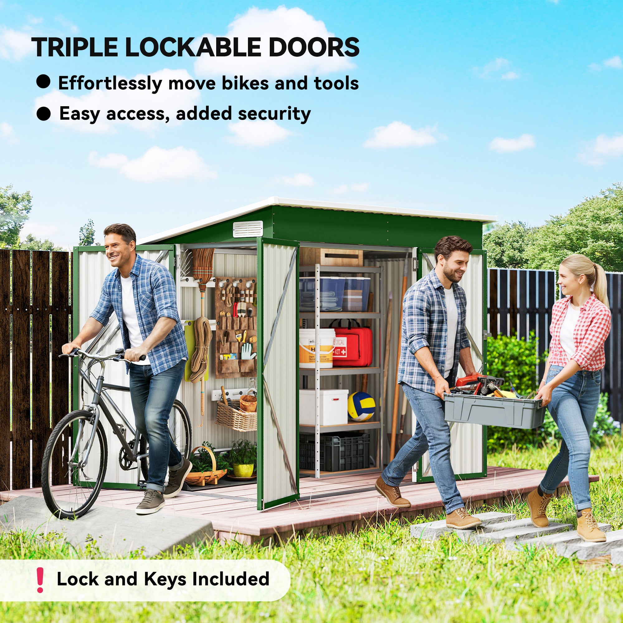 Outsunny 7.5 x 4.3ft Metal Garden Storage Shed, Waterproof Outdoor Shed with Triple Lockable Door, Gloves, Vents, Green 