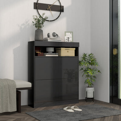 HOMCOM 16 Shoe Pair Storage Cabinet, with Flip Doors - High Gloss Black 