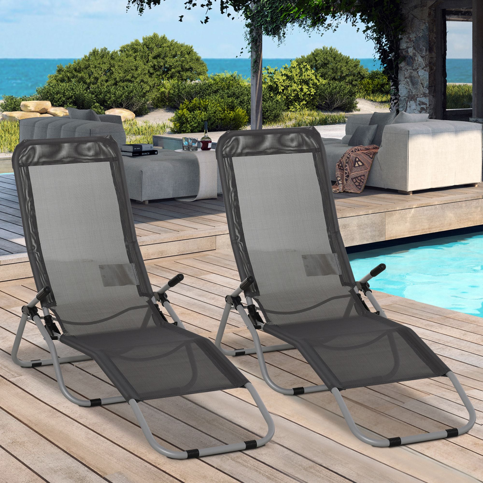 Outsunny Set of 2 Outdoor Patio Chaise Recliner Portable Lounge Chairs w/ Rust-Resistant Steel Frame & Adjustable Backrest, Grey 